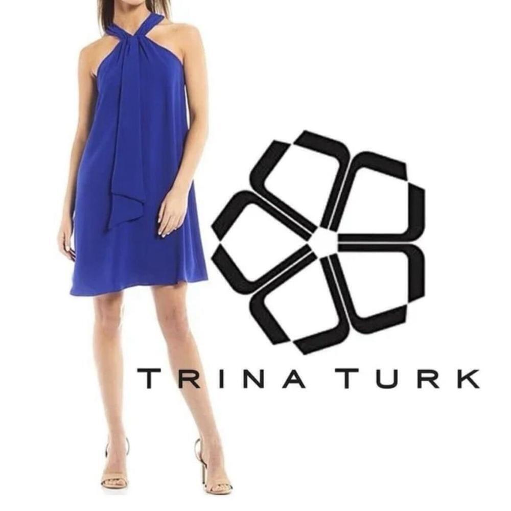 Trina Turk Women’s Dress Medium Verge Shift Bow tie Halter Dress Blue Lined - Picture 2 of 14